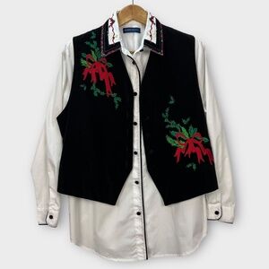 Karen Scott Christmas Holiday Vest Black Velvet Embroidered Blouse Top Women's M